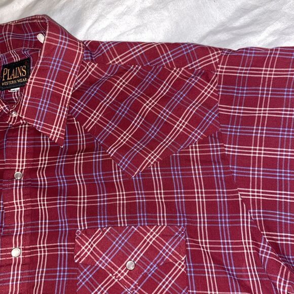 Plains Western Wear Short Sleeve Pearl Snap Red  Tartan Plaid Cowboy Rodeo S11 - Picture 5 of 11